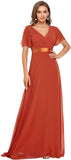 Burnt Orange Women's Short Sleeve V-Neck Long Evening Dress - Ever Pretty 