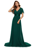 Dark Green Ladies Double V-Neck Short Flutter Sleeves Empire Waist Elegant Chiffon Long Evening Dresses - Ever-Pretty
