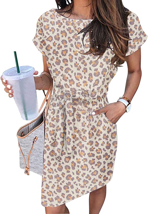 Leopard Beige Women's Summer Striped Short Sleeve T Shirt Dress Casual Tie Waist Midi Dress - MEROKEETY | Women's Casual Dresses