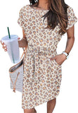 Leopard Beige Women's Summer Striped Short Sleeve T Shirt Dress Casual Tie Waist Midi Dress - MEROKEETY | Women's Casual Dresses