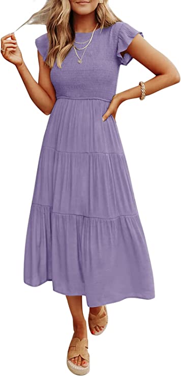 Violet Women's Summer Casual Flutter Short Sleeve Crew Neck Smocked Elastic Waist Tiered Midi Dress - ZESICA | Women's Casual Dresses
