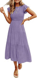 Violet Women's Summer Casual Flutter Short Sleeve Crew Neck Smocked Elastic Waist Tiered Midi Dress - ZESICA | Women's Casual Dresses