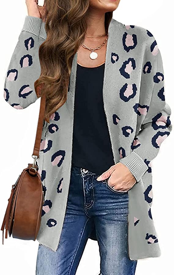 Grey Women's Open Front Leopard Knit Cardigan Sweaters Pockets Long Sleeve Outwear - MEROKEETY | Women's Cardigan