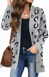 Grey Women's Open Front Leopard Knit Cardigan Sweaters Pockets Long Sleeve Outwear - MEROKEETY | Women's Cardigan
