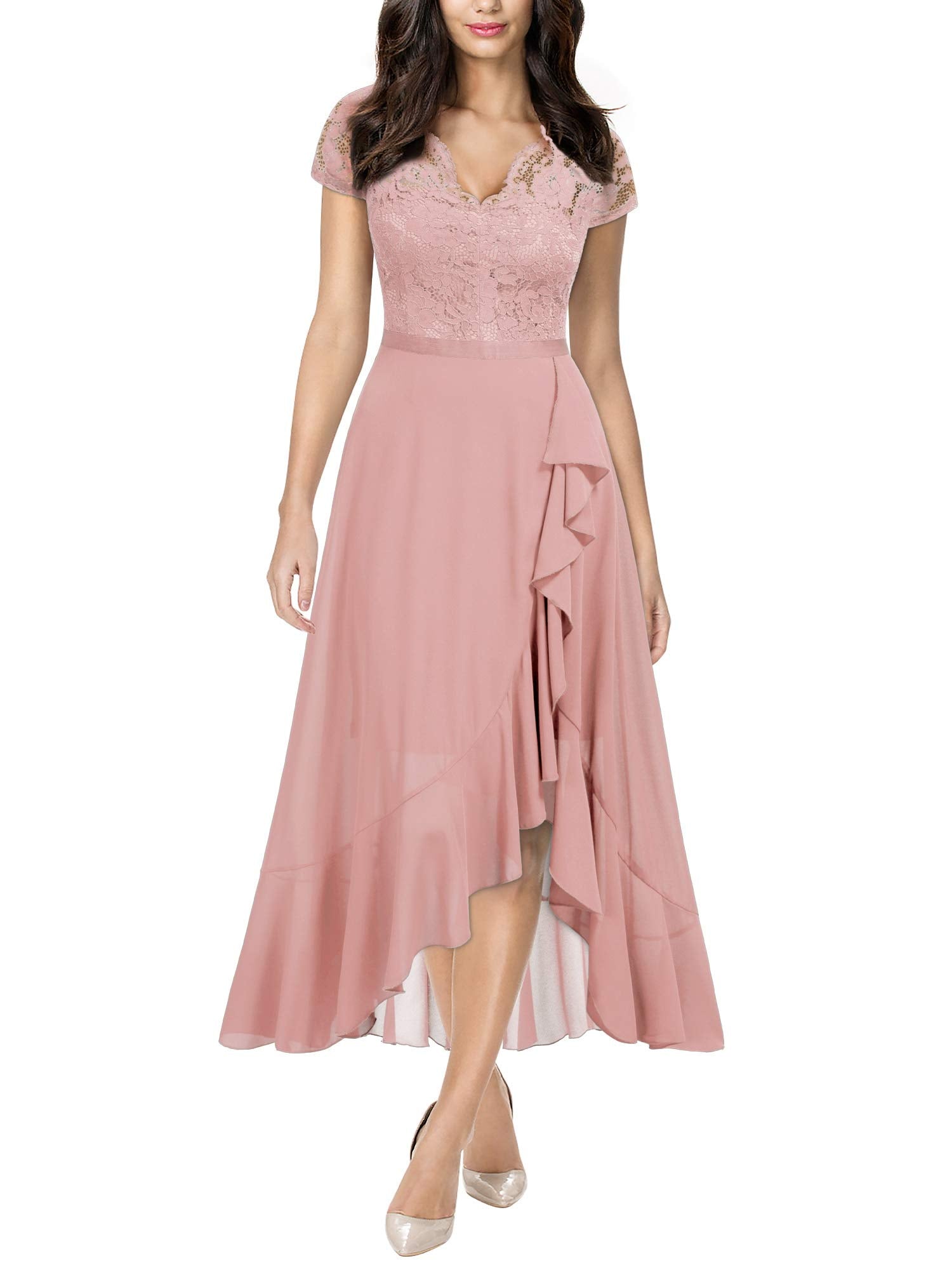 Pink Ladies Retro V-Neck Lace Ruffle Design Formal Party Maxi Dress - MIUSOL