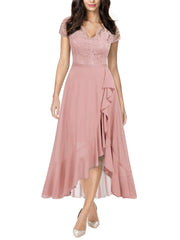 Pink Women's V Neck Elegant Lace Ruffle Bridesmaid Maxi Dress - Miusol