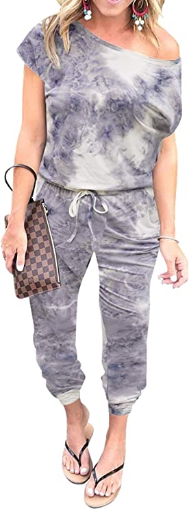Tie Dye-grey Women's Loose Solid Off Shoulder Elastic Waist Stretchy Long Romper Jumpsuit - PRETTYGARDEN | Women's Romper & Jumper Suit