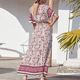 Maxi Dress Womens Short Sleeve V Neck Boho Dress Pleated Beach Bohemia Dress Elegent Party Dress | Women's Work Dresses