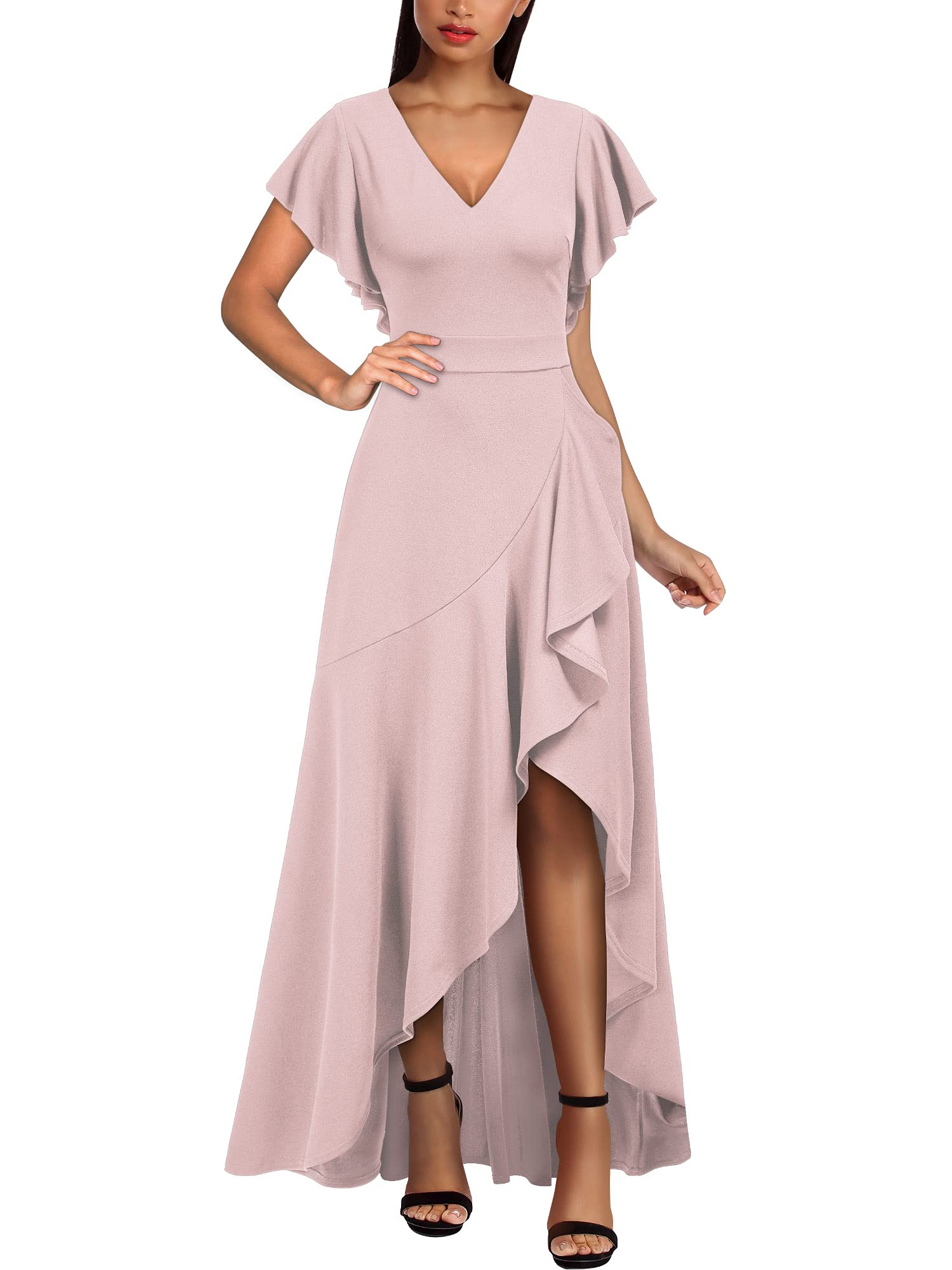 Pink Women's Formal V Neck Ruffle Split Evening Party Long Dress - Miusol