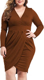 Brown Womens Plus Size Long Sleeves & Sleeveless Deep V Neck Bodycon Wrap Dress With Front Slit - Laolasi