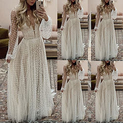 Womens Polka Dot Wedding Dresses Long Sleeve Lace Bridal Gowns Boho Sheer Mesh Evening Formal Gowns Cocktail Party Maxi Dress