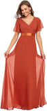 Burnt Orange Women's Short Sleeve V-Neck Long Evening Dress - Ever Pretty