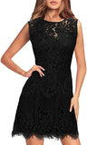 Black Women's Elegant Round Neck V-Back Wedding Guest Floral Lace Cocktail Party A Line Dress - MSLG | Women's Cocktail Dresses