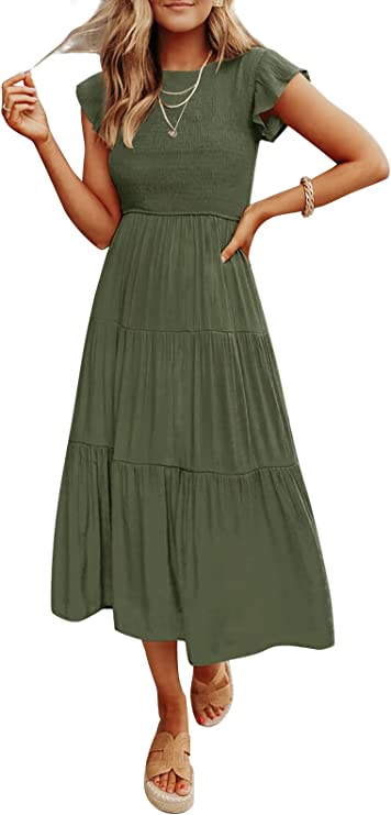 Army Green Women's Summer Casual Flutter Short Sleeve Crew Neck Smocked Elastic Waist Tiered Midi Dress - ZESICA | Women's Casual Dresses