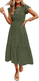 Army Green Women's Summer Casual Flutter Short Sleeve Crew Neck Smocked Elastic Waist Tiered Midi Dress - ZESICA | Women's Casual Dresses