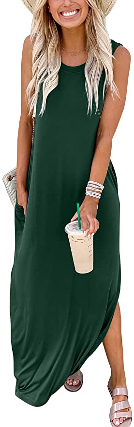 Dark Green Women's Casual Loose Long Sleeveless Sundress with Pockets - ANRABESS | Women's Casual Dresses