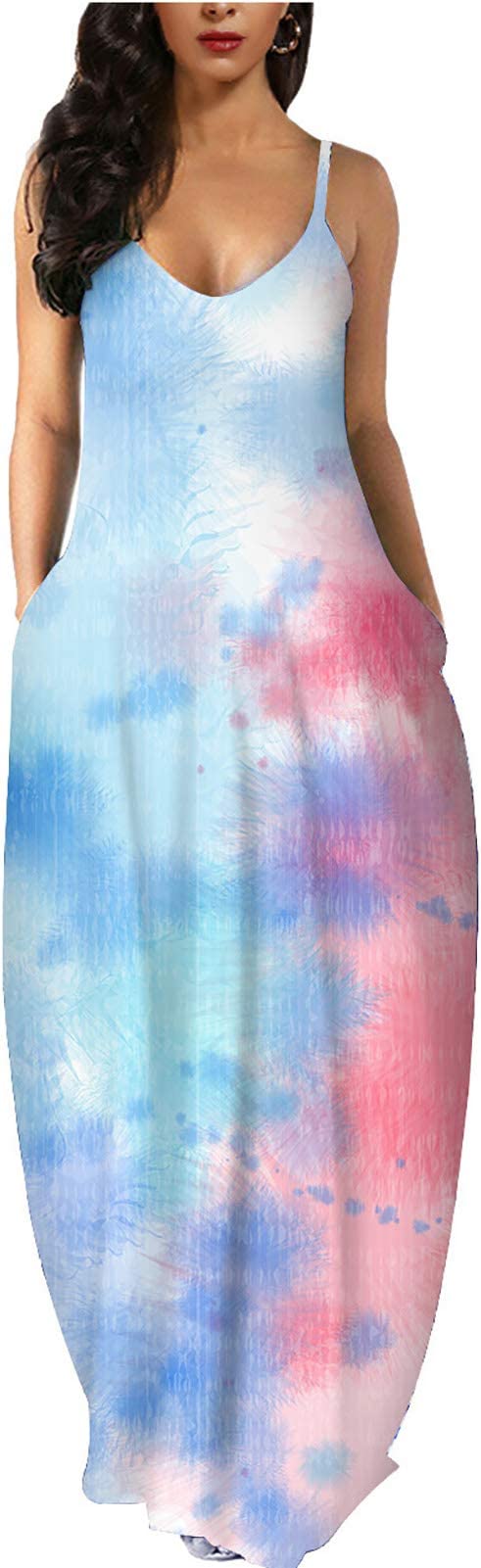 Blue White Pink Womens Casual Sleeveless Plus Size Loose Plain Long Maxi Dress with Pockets - Wolddress | Women's Casual Dresses