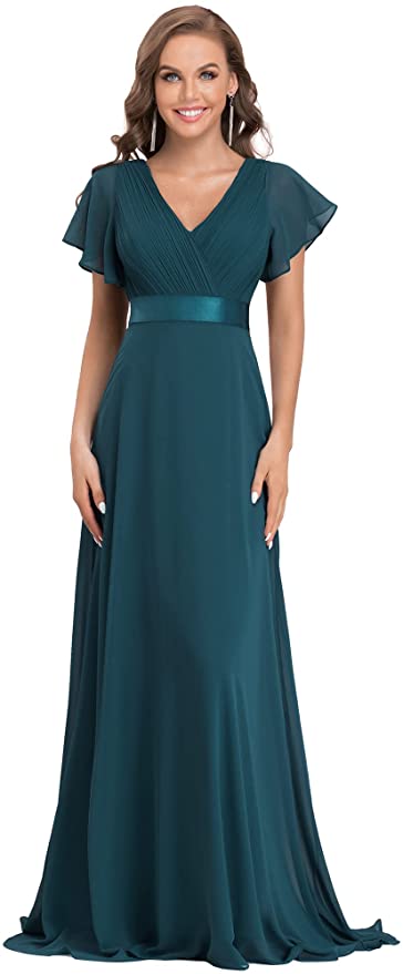 Teal Women's Short Sleeve V-Neck Long Evening Dress - Ever Pretty | Women's Formal Dresses