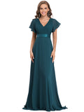 Teal Ladies Double V-Neck Short Flutter Sleeves Empire Waist Elegant Chiffon Long Evening Dresses - Ever-Pretty