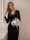 Black Women's V Neck Wrap Long Sleeve Elegant Mermaid Velvet Cocktail Maxi Dress Evening Party - ZABERRY | Women's Formal Dresses