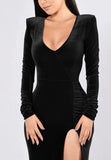 Black V Neck Velvet Dress For Women Long Sleeve Ruched Bodycon Side Slit Party Cocktail Dress 90s Retro Maxi Dress - Kafiloe | Women's Cocktail Dresses