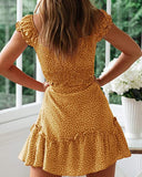 Yellow Womens Summer Ruffle Sleeve Sweetheart Neckline Printing Dress Mini Dress - Yobecho | Women's Casual Dresses