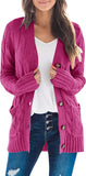 Magenta Women's Long Sleeve Cable Knit Sweater Open Front Cardigan Button Loose Outerwear - MEROKEETY | Women's Cardigan