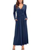 Royal Navy Ladies Summer Casual V Neck Short Long Sleeve Floral Pattern Wrap Ladies Maxi Long Dress with Pockets - OUGES | Women's Evening Gowns