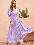 Light Purple Lace Knotted on the Left Women Casual Loose Bohemian Floral Dress with Pockets Short Sleeve Long Maxi Summer Beach Swing Dress - Yesno | Women's Casual Dresses