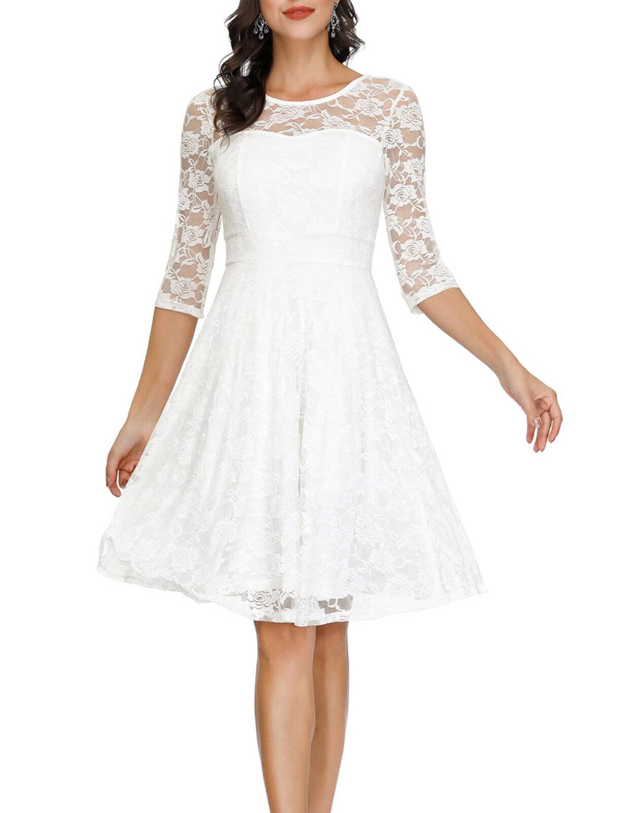 White Ladies Vintage Floral Cocktail Party Wedding Guest A Line Lace Dresses - JASAMBAC