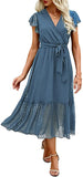 Swiss Dot Lake Blue Women Summer Bohemian Floral Casual Wrap V Neck Ruffle Cap Sleeveless Belt A-Line Pleated Hem Swing Midi Sun Dress - BTFBM | Women's Casual Dresses