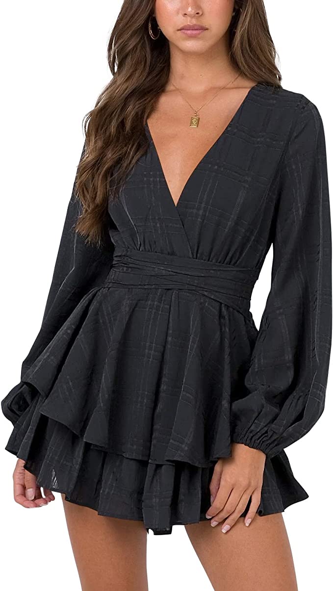 Black Plaid Womens Sexy V Neck Long Baggy Sleeve Tie Waist Ruffle Hem Flowy Swing Mini Short Wrap Dress - Nova In Sky | Women's Casual Dresses