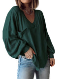 Solid Dark Green Women's Casual V Neck Ribbed Knitted Shirts Pullover Tunic Tops Loose Balloon Sleeve Solid Color Blouses Top - BTFBM | Women's Tops and Blouses