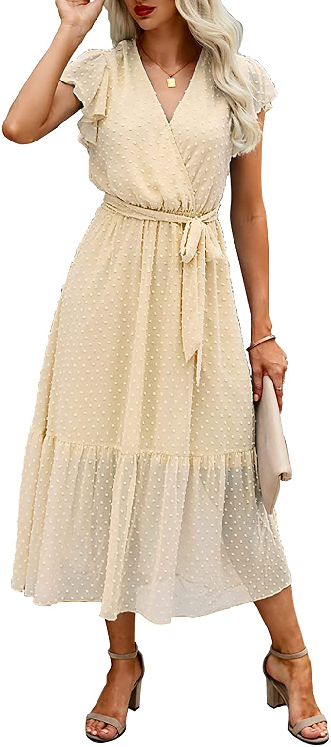 Swiss Dot Pink Women Summer Bohemian Floral Casual Wrap V Neck Ruffle Cap Sleeveless Belt A-Line Pleated Hem Swing Midi Sun Dress - BTFBM | Women's Casual Dresses