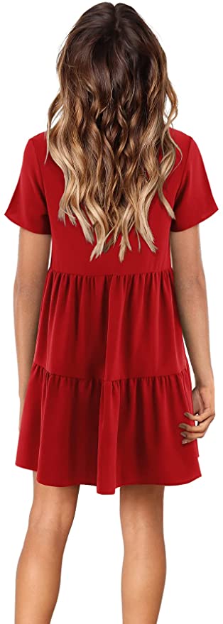 Red Short Sleeve Women Summer Tunic Dress V Neck Casual Loose Flowy Swing Shift Dresses - Amoretu | Women's Casual Dresses