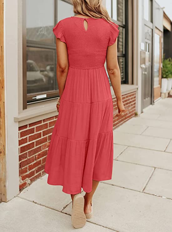 Black Women's Summer Casual Flutter Short Sleeve Crew Neck Smocked Elastic Waist Tiered Midi Dress - ZESICA | Women's Casual Dresses