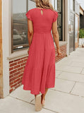 Coffee Women's Summer Casual Flutter Short Sleeve Crew Neck Smocked Elastic Waist Tiered Midi Dress - ZESICA | Women's Casual Dresses