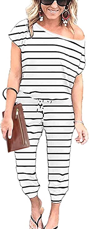Stripe-white Women's Loose Solid Off Shoulder Elastic Waist Stretchy Long Romper Jumpsuit - PRETTYGARDEN | Women's Romper & Jumper Suit