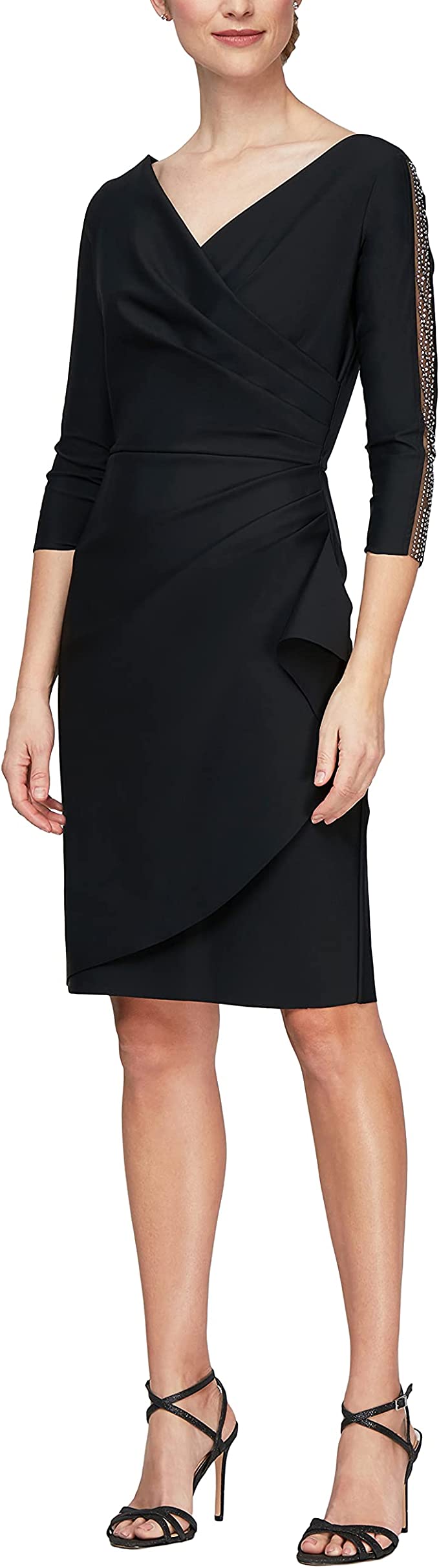 Black Embellished Sleeve Women's Slimming Short Sheath Sleeve Dress with Surplus Neckline - Alex Evenings | Women's Cocktail Dresses