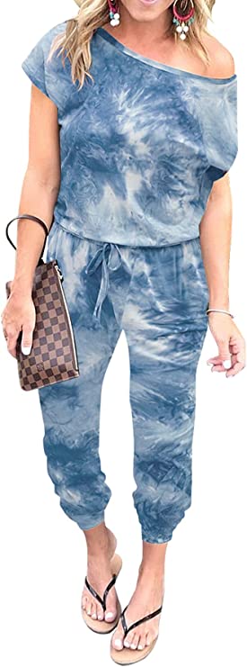 Tie Dye-blue Women's Loose Solid Off Shoulder Elastic Waist Stretchy Long Romper Jumpsuit - PRETTYGARDEN | Women's Romper & Jumper Suit