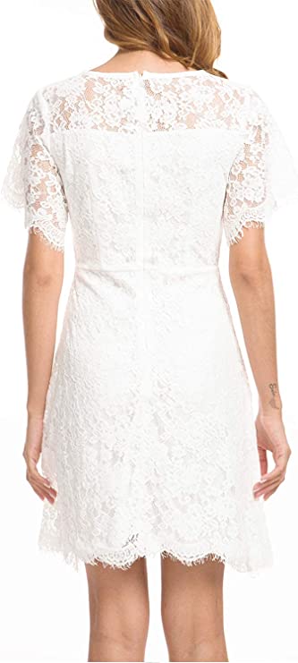 Navy Women's Elegant Round Neck Short Sleeve A-Line Lace Dress - ALLANDWELL | Women's Cocktail Dresses