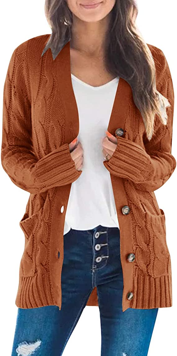 Brown Women's Long Sleeve Cable Knit Sweater Open Front Cardigan Button Loose Outerwear - MEROKEETY | Women's Cardigan