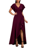 Burgundy Women's Formal V Neck Ruffle Split Evening Party Long Dress - Miusol | Women's Formal Dresses