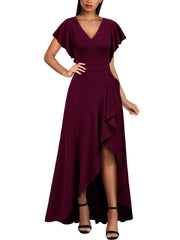 Burgundy Women's Formal V Neck Ruffle Split Evening Party Long Dress - Miusol