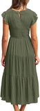 Light Green Summer Smocked Dress Flutter Short Sleeve Crewneck Elastic Waist Tiered Midi Dresses - WISFRUIT | Women's Casual Dresses