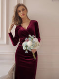 Burgundy Women's V Neck Wrap Long Sleeve Elegant Mermaid Velvet Cocktail Maxi Dress Evening Party - ZABERRY | Women's Formal Dresses