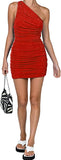 Red Women's Sexy One Shoulder Ruched Sleeveless Bodycon Mini Short Dress - Lyaner | Women's Formal Dresses