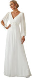 Cream Women's A-line Long Sleeve V-Neck Chiffon Mother of The Bride Dress - Ever-Pretty