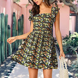 Women Cute Tie Back Ruffle Strap A Line Fit Flare Sleeves Dress Square Neck Floral Print High Summer Sundress | Original Brand