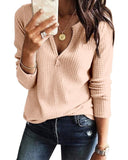 Light Khaki Women's V Neck Waffle Knit Henley Tops Casual Long Sleeve Pullover Sweater Blouses - Farktop | Women's Sweaters